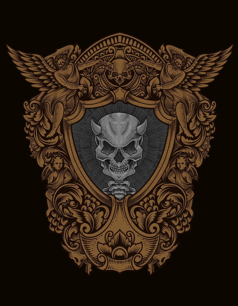 illustration demon skull with engraving ornament style vector