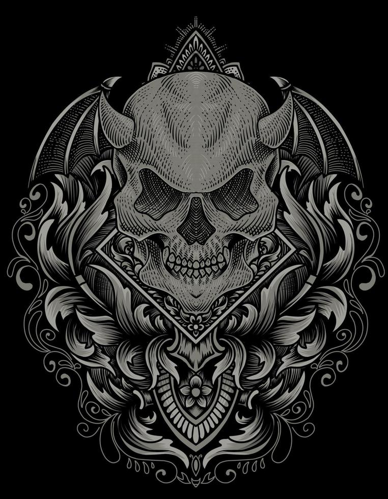 illustration demon skull with engraving ornament style vector