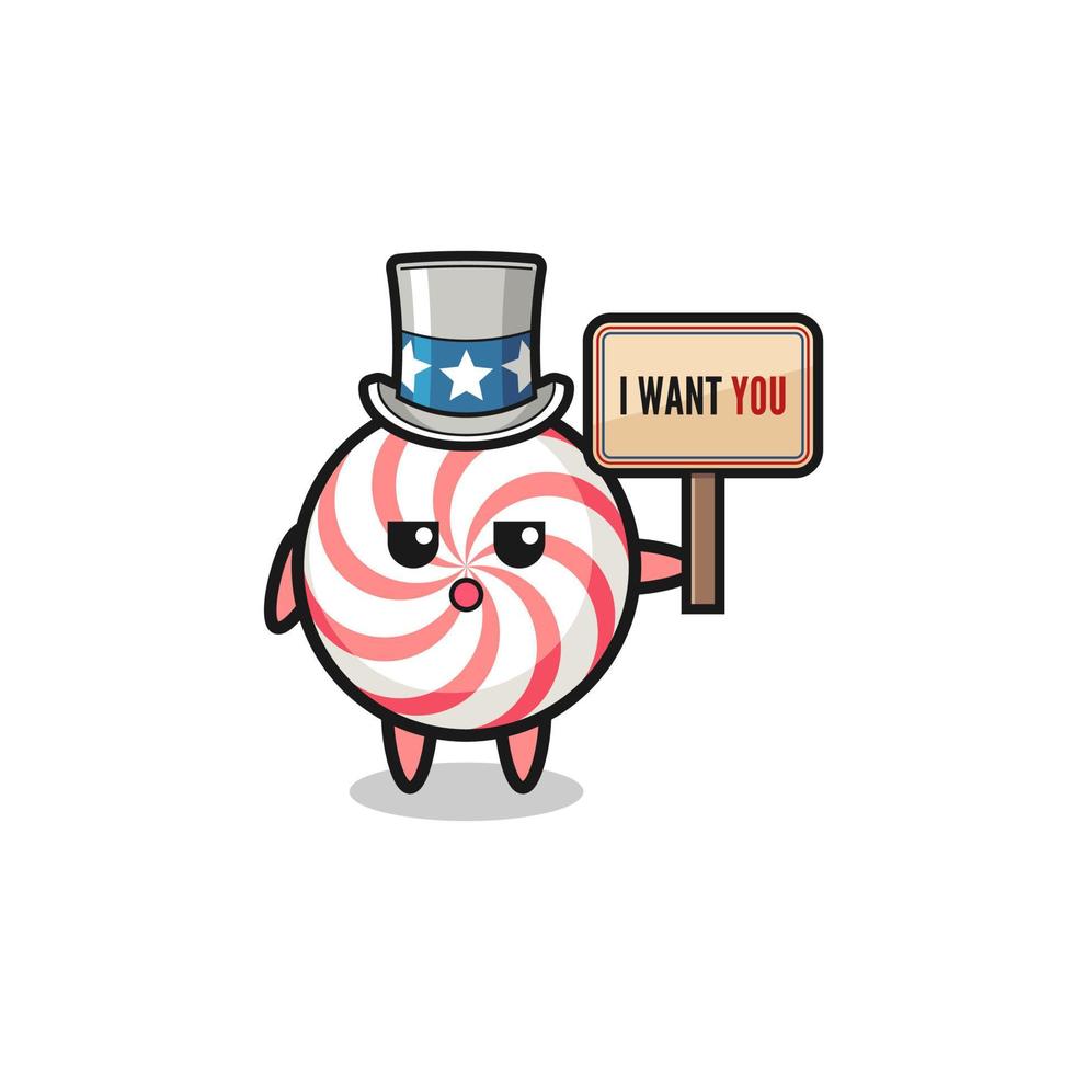 swirl lollipop cartoon as uncle Sam holding the banner I want you vector