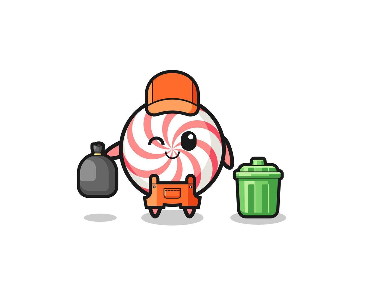 the mascot of cute swirl lollipop as garbage collector vector