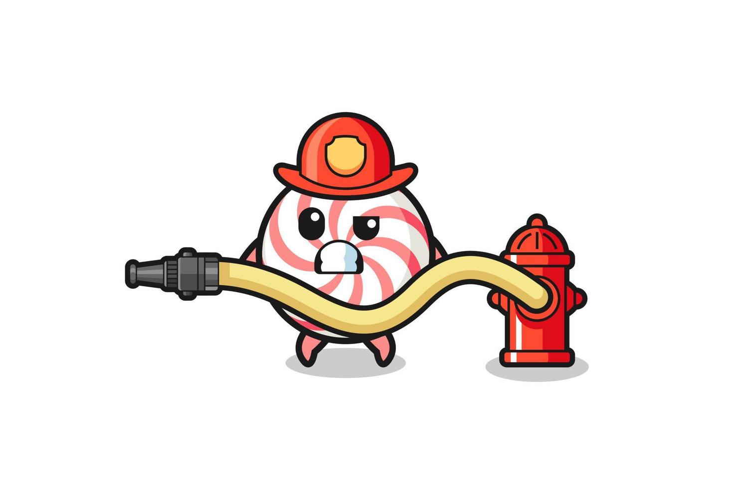 Remolino de dibujos animados de piruletas como mascota de bombero con manguera de agua vector