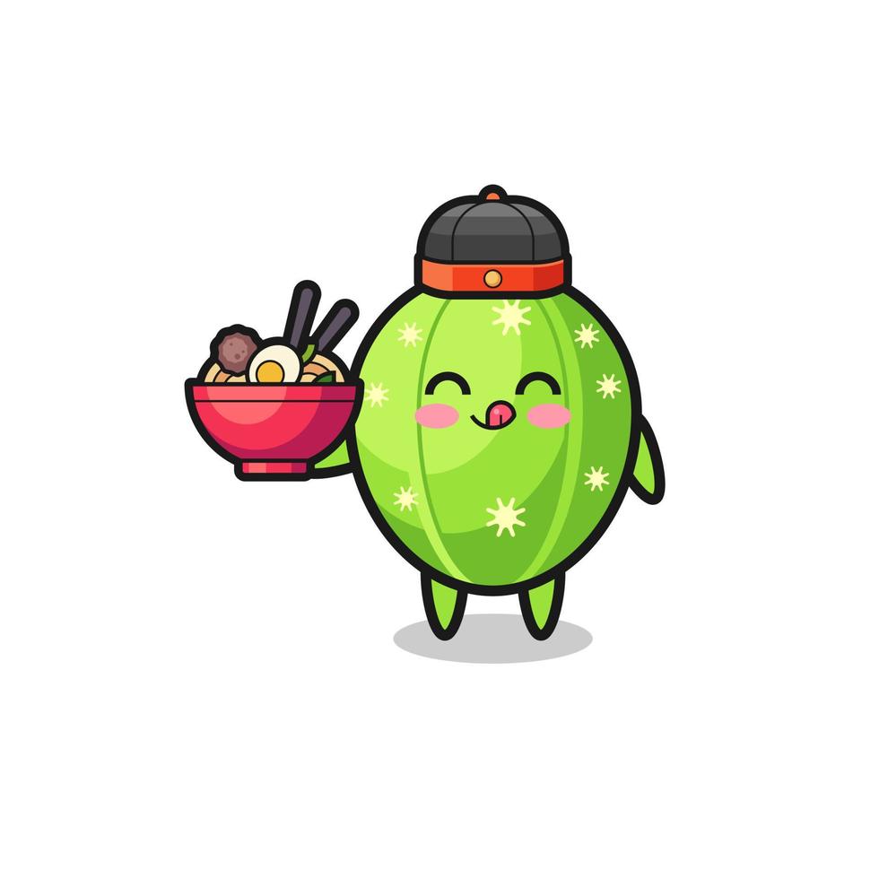 cactus como mascota chef chino sosteniendo un cuenco de fideos vector