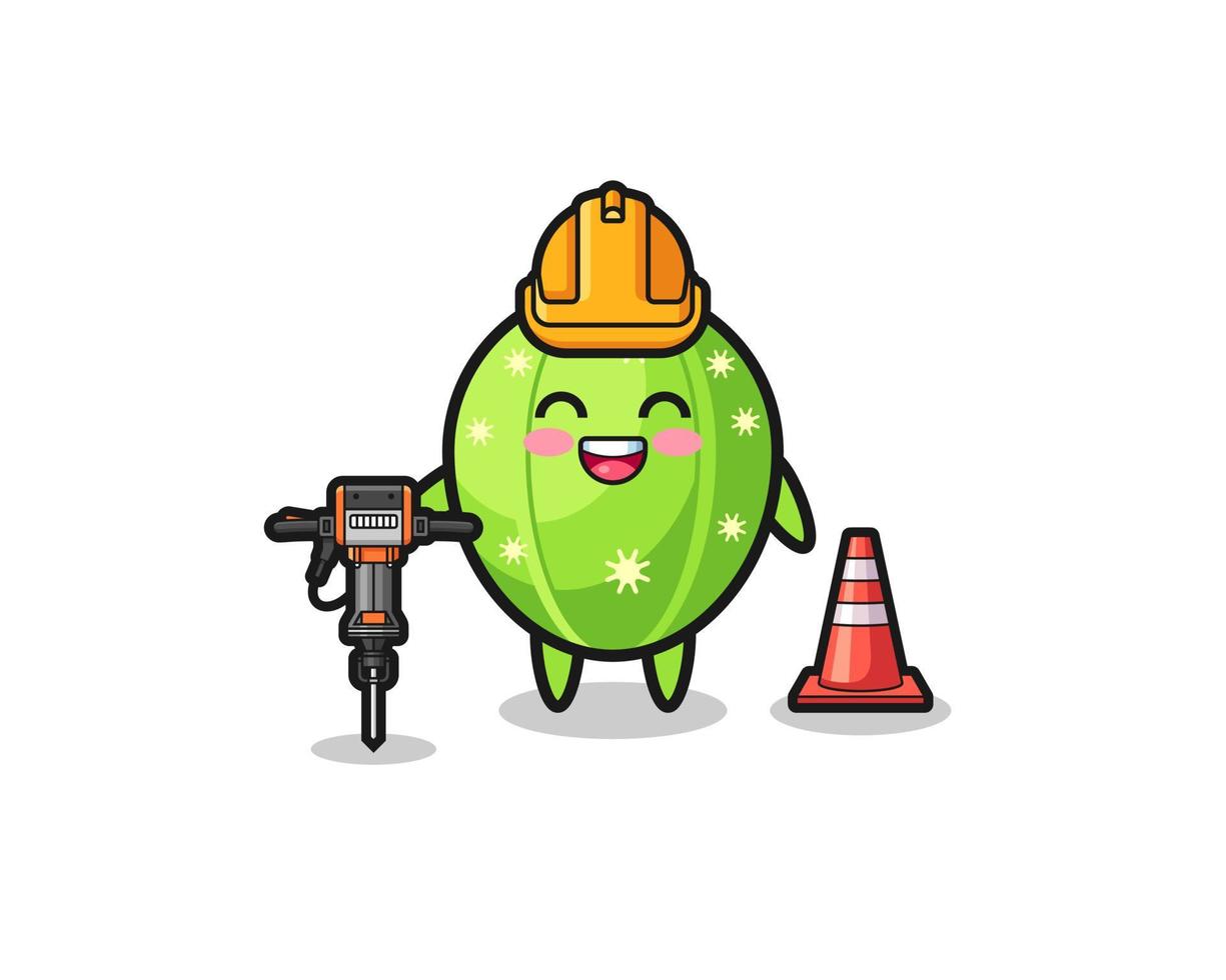 road worker mascot of cactus holding drill machine vector