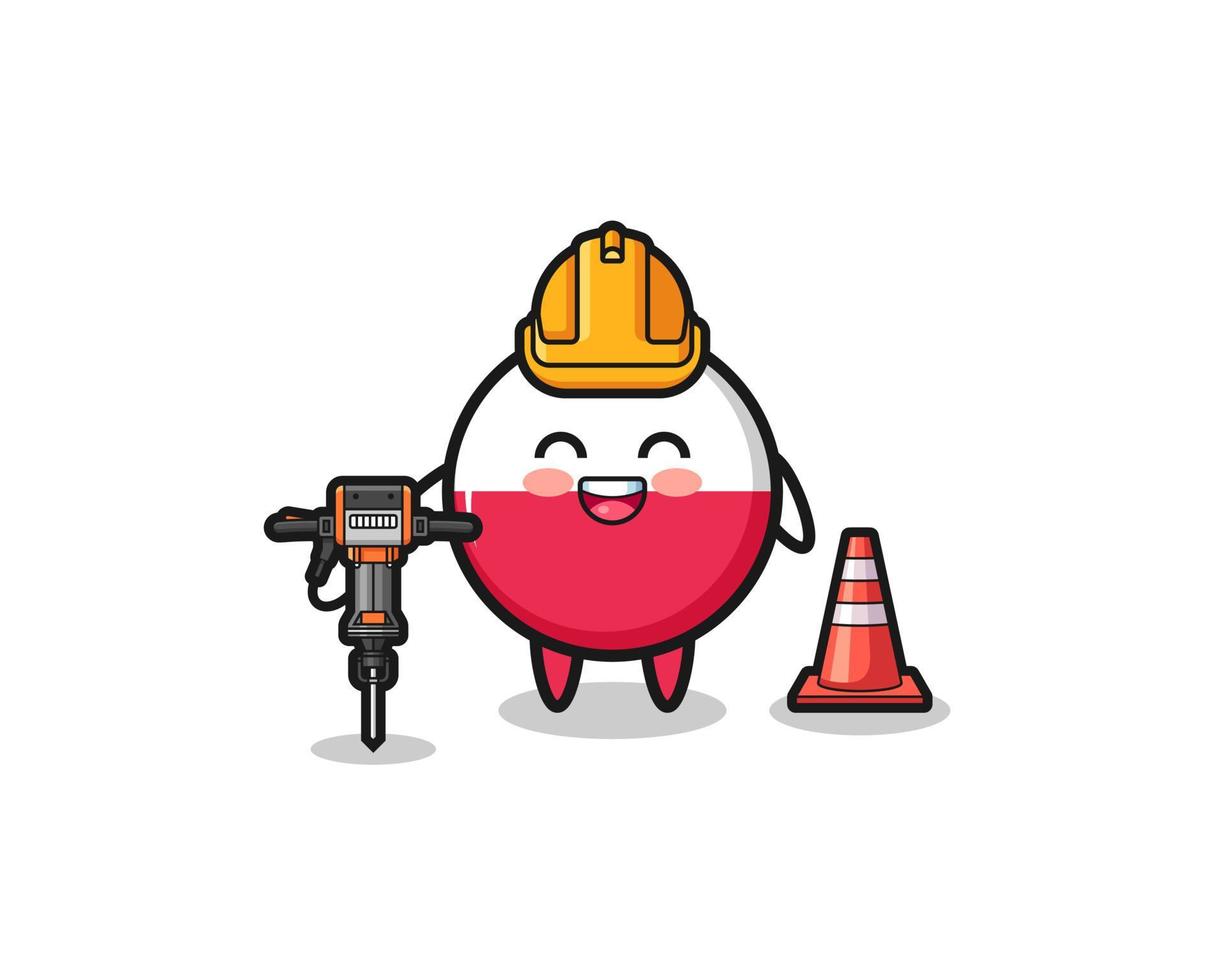 road worker mascot of poland flag holding drill machine vector