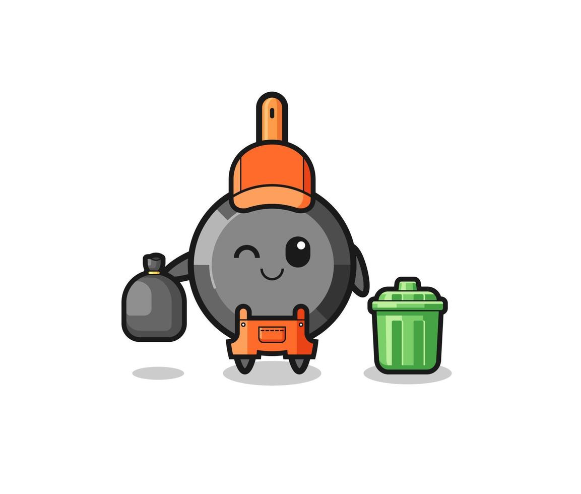 the mascot of cute frying pan as garbage collector vector