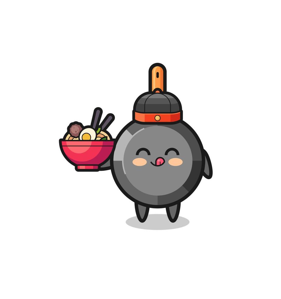 frying pan as Chinese chef mascot holding a noodle bowl vector