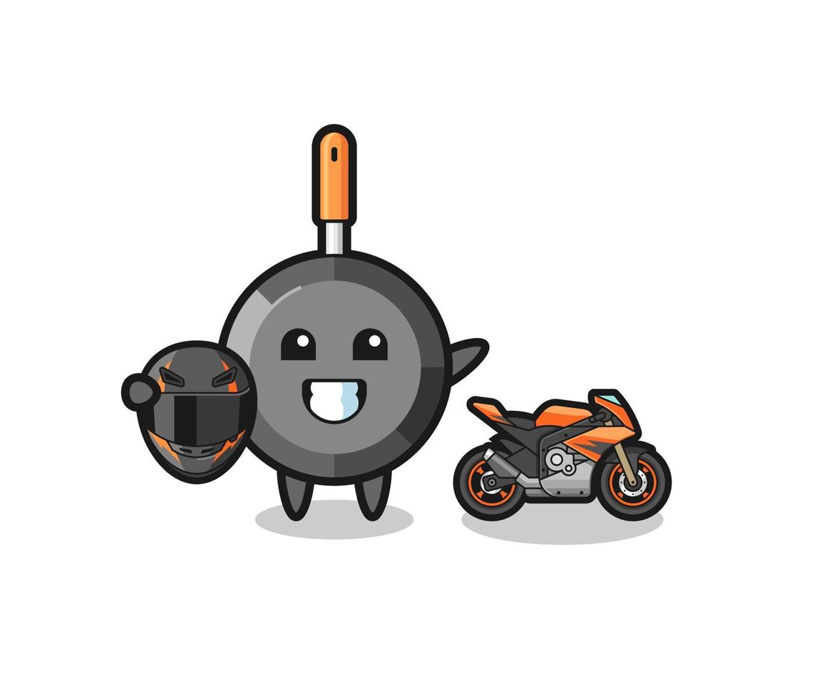 cute frying pan cartoon as a motorcycle racer vector