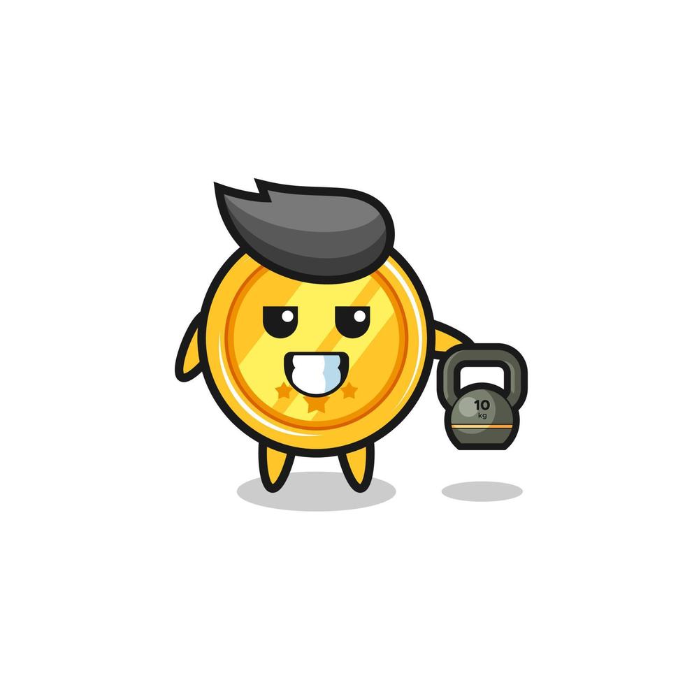 medal mascot lifting kettlebell in the gym vector