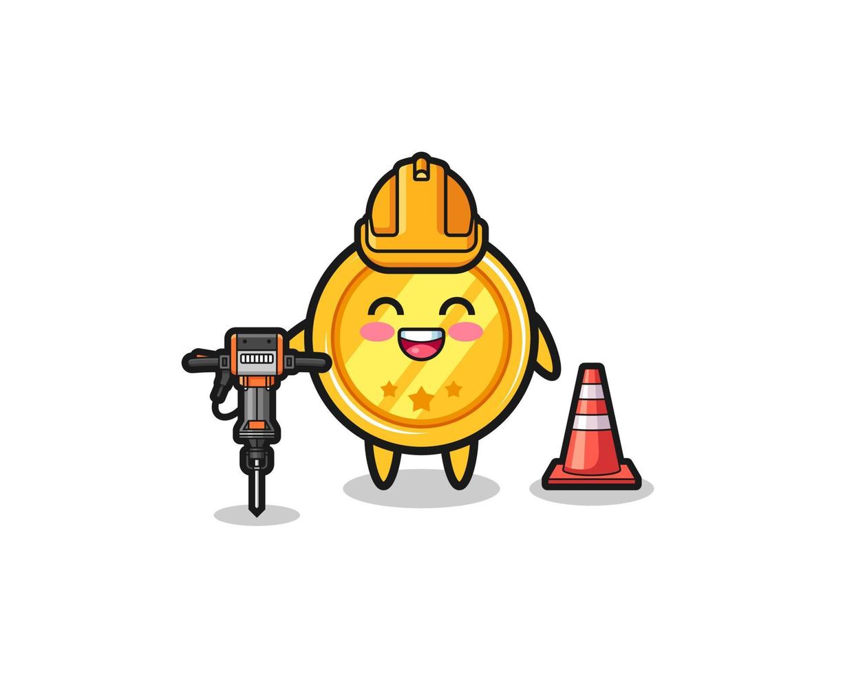 road worker mascot of medal holding drill machine vector