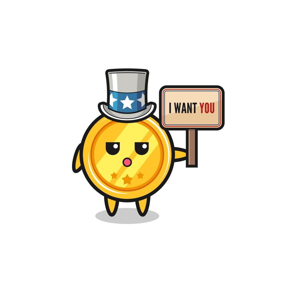 medal cartoon as uncle Sam holding the banner I want you vector