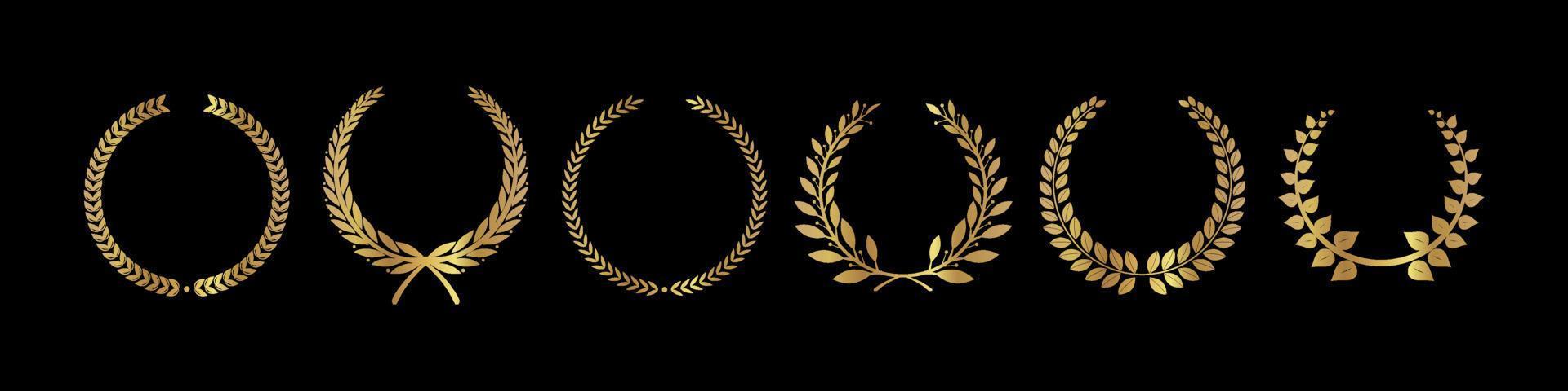 Golden laurel wreath. Realistic crown, leaf shapes winner prize, foliate crest 3D emblems. vector