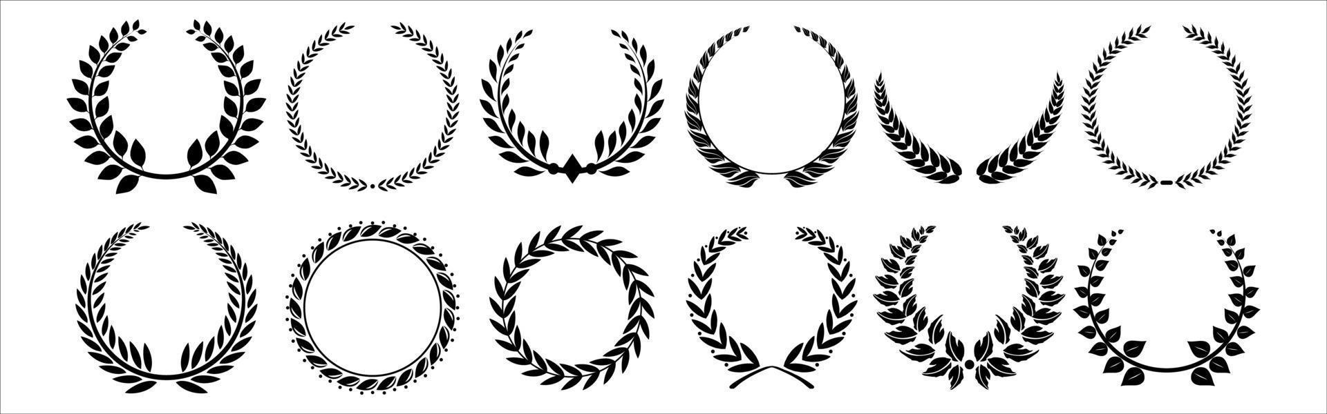 Set of black circular foliate laurels branches. Vintage laurel wreaths collection. vector