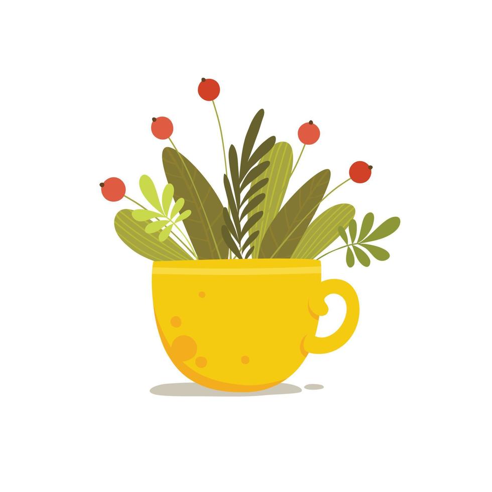 Ramo de plantas con frutos rojos en el fondo del concepto de taza de cerámica, estilo de dibujos animados vector