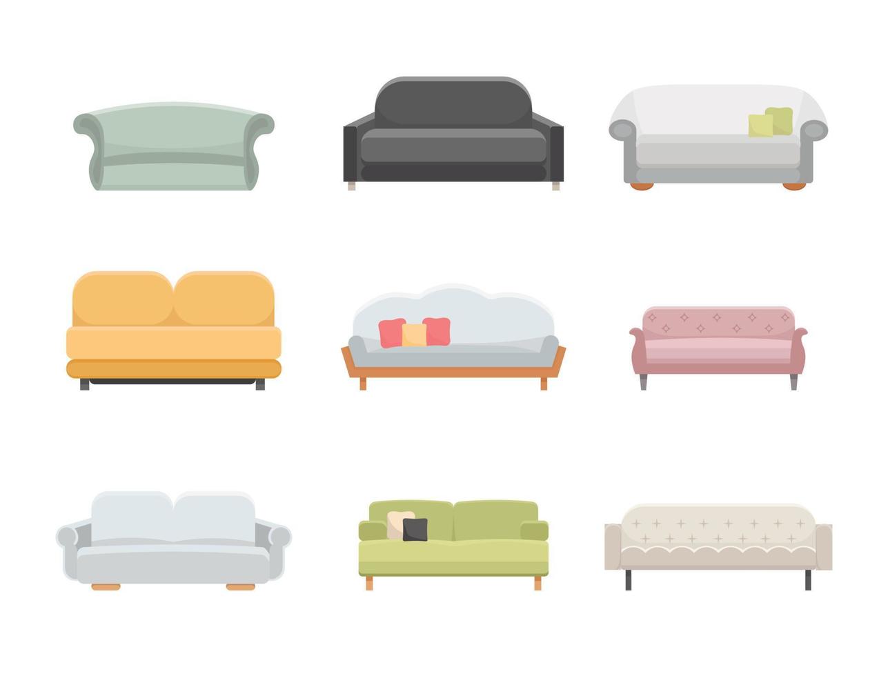 Sofa and couches furniture flat vector icons set. Cartoon illustration style.