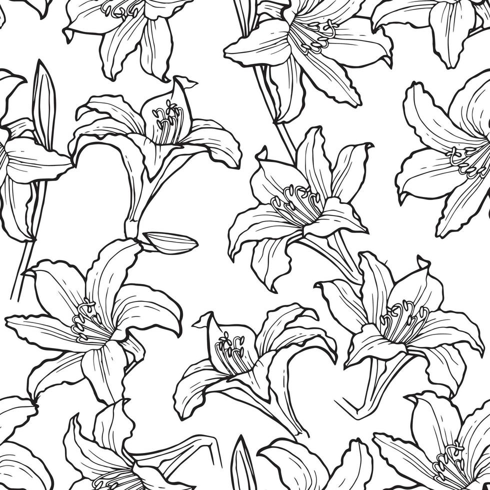 Seamless flower pattern background with Lily flower and leaf drawing illustration. vector