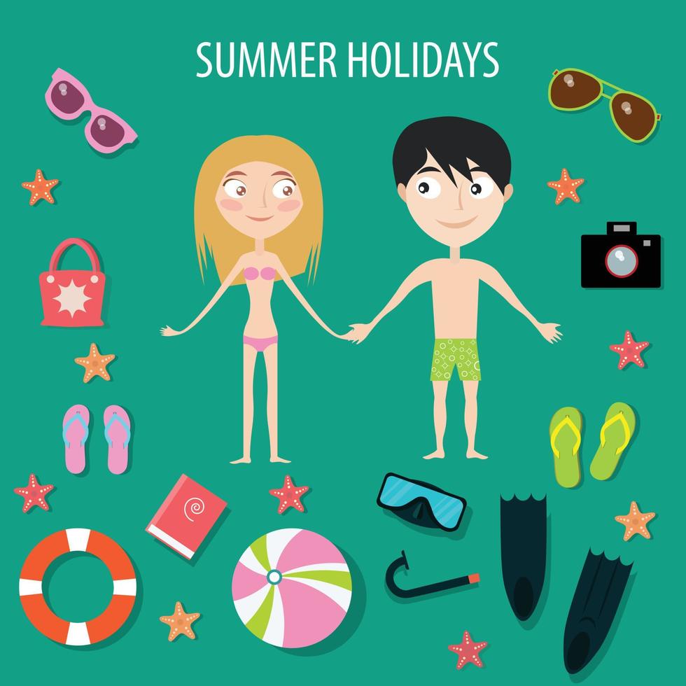 Summer Time.Holidays. Happy couple. Set of icons. Vector illustration