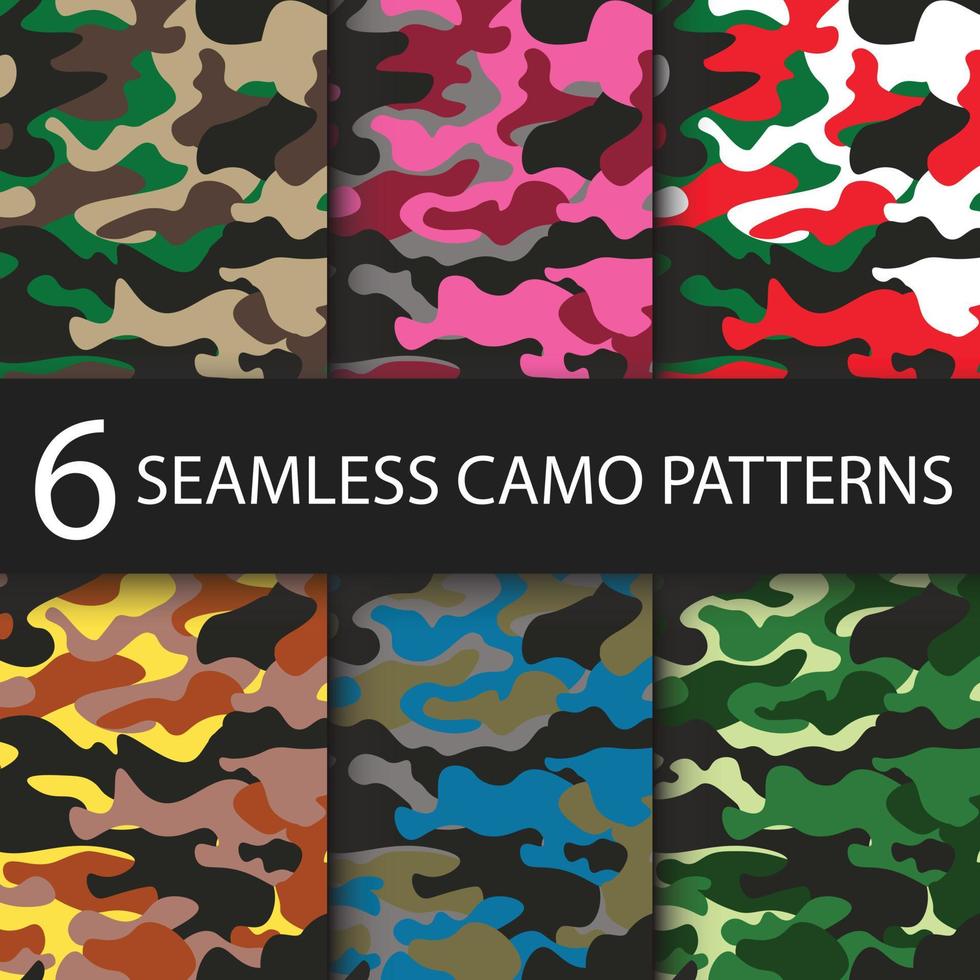 Set of 6 pack Camouflage seamless patterns background with black shadow. Classic clothing style masking camo repeat print. Bright colors of forest texture. Vector illustration web design and clothes.