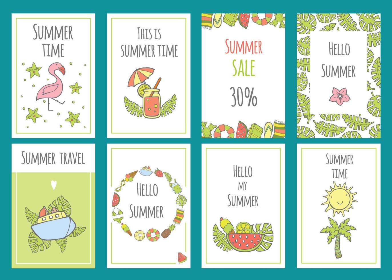 Summer set of sale banner templates with cute hand drawn design elements, handwritten lettering and textures. Vector illustration for your web design. Summertime.