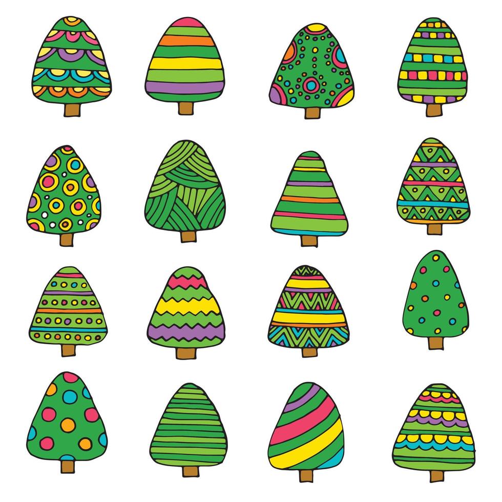Vector illustration, Christmas tree set. Flat cartoon and hand drawn line sketched style. Isolated. Applicable as a decorative element for interior designs, greeting postcards, posters, flyers etc.