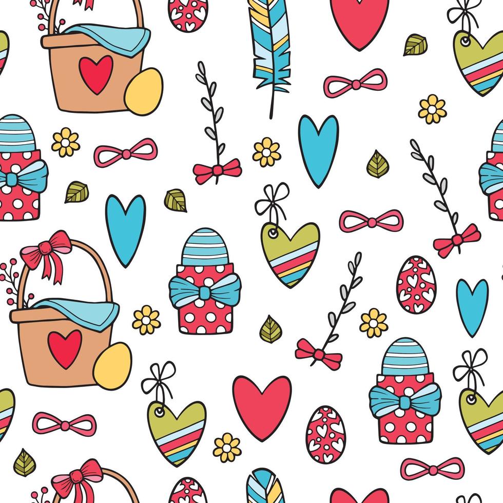 Floral seamless pattern with eggs, hearts and stylized flowers. Endless texture for spring design, decoration, greeting cards, posters, invitations, advertisement. vector