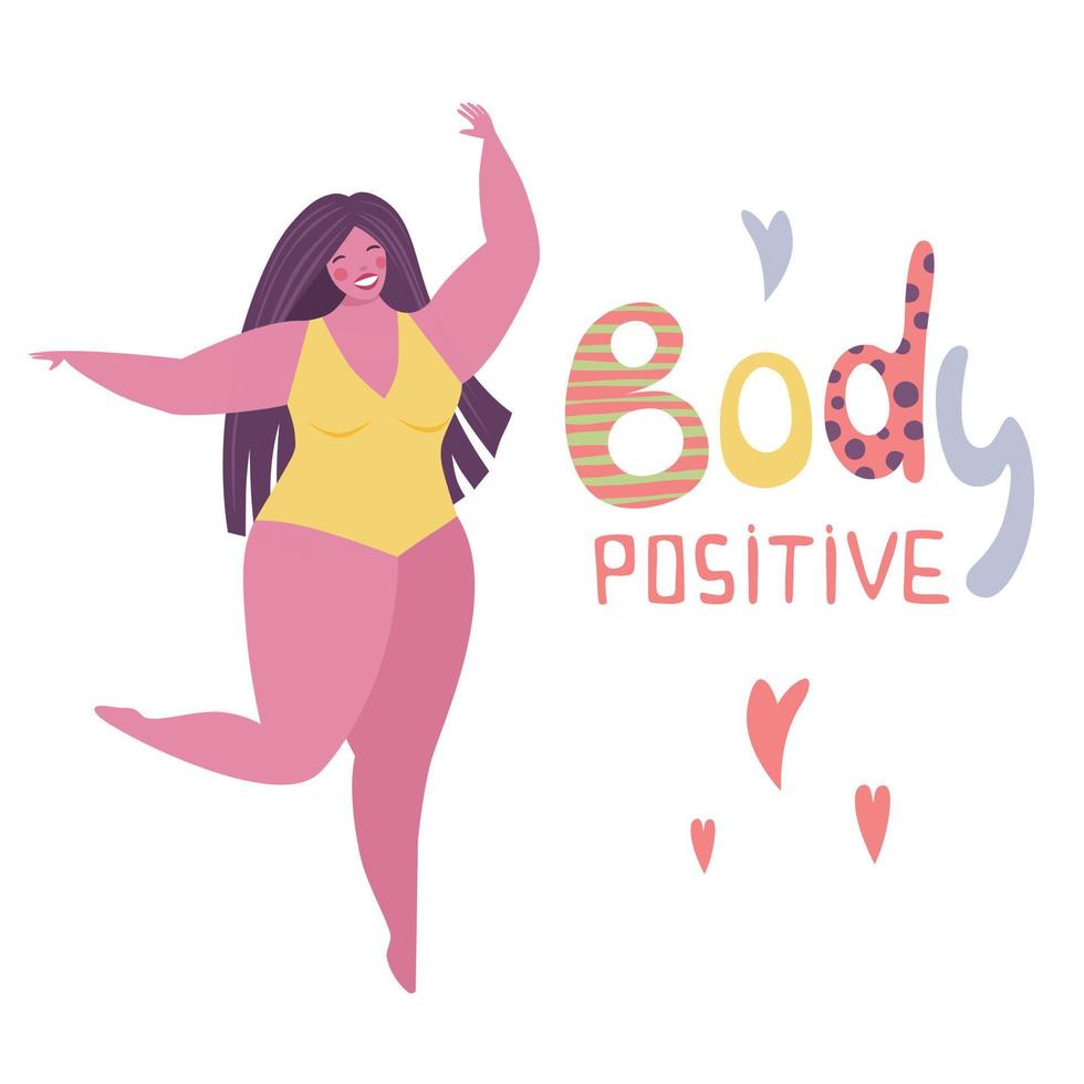 Happy plus size girl with smartphone in bikini. Happy body positive concept. All bodies are good text. Attractive overweight woman. For Fat acceptance movement. Vector illustration on white background