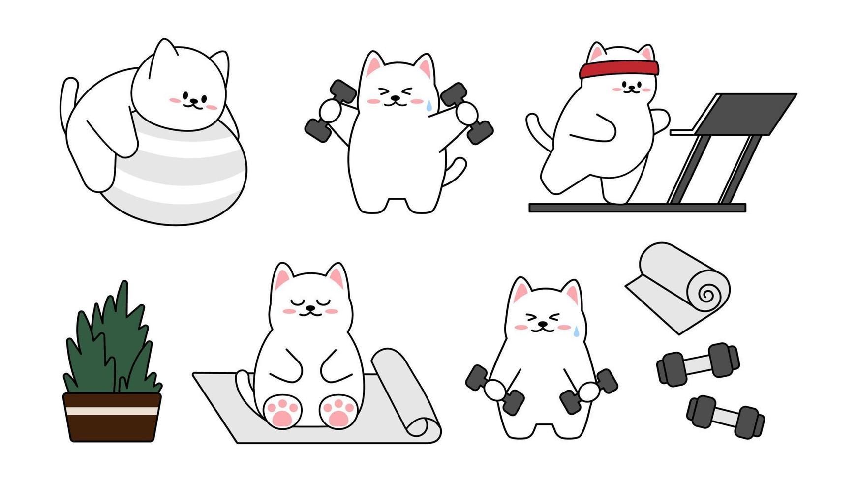 Collection of different cute little cats on a white background. Kawaii set of funny animal characters design in cartoon style. Pet cat. Baby stickers. Vector illustration.