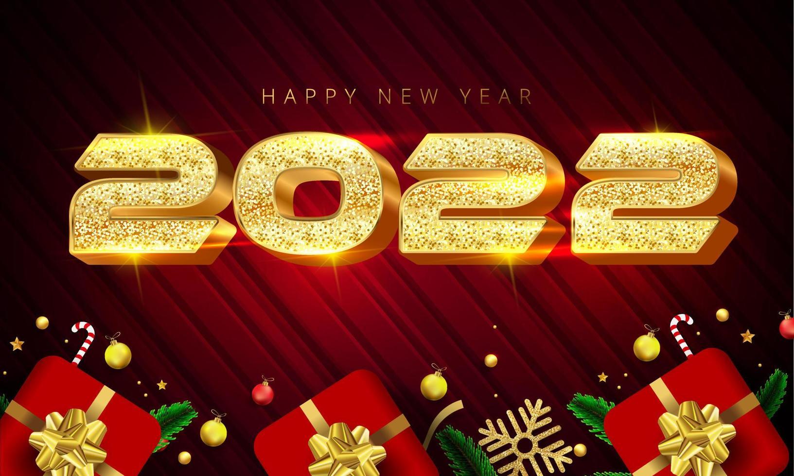 Shiny golden color style 2022 happy new year lettering, Gift boxes, gold snowflakes, baubles, stars and pine leaves around on red background. Can be used as poster, banner or template design. vector