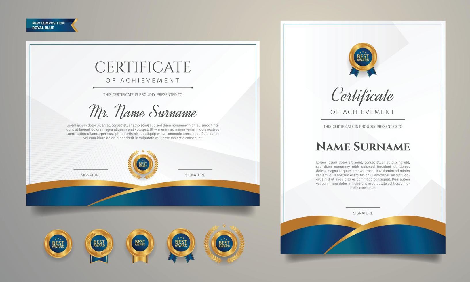 Plantilla de certificado de logro azul y dorado con insignias de lujo vector
