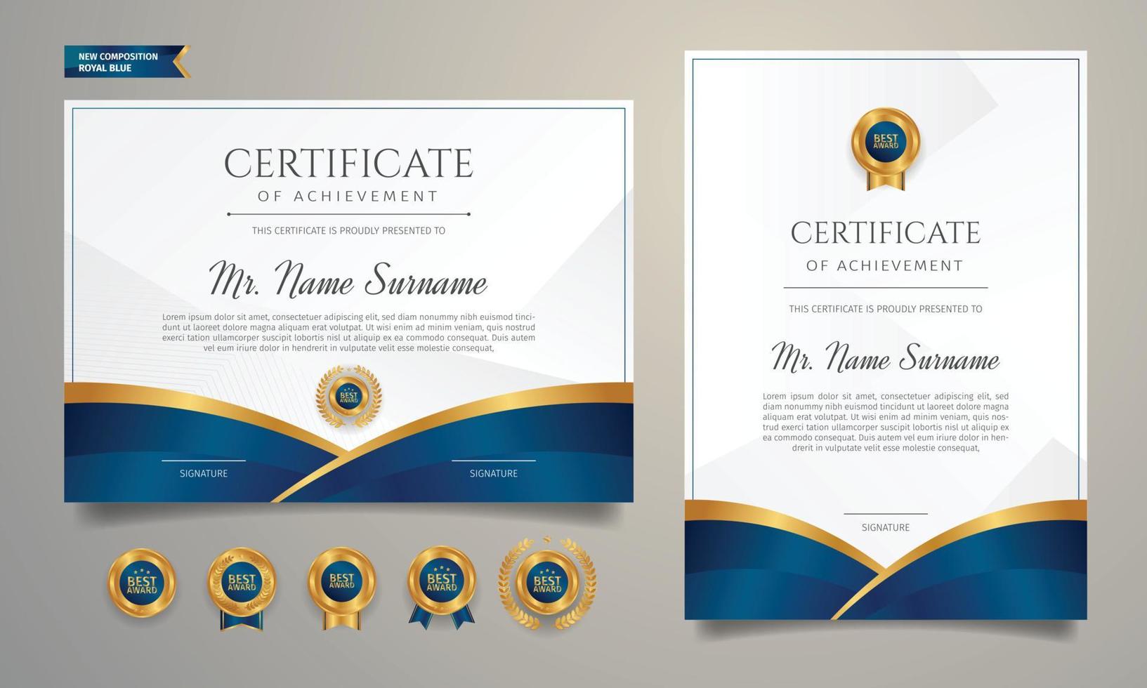 Blue and gold diploma certificate of appreciation border template with luxury badges vector
