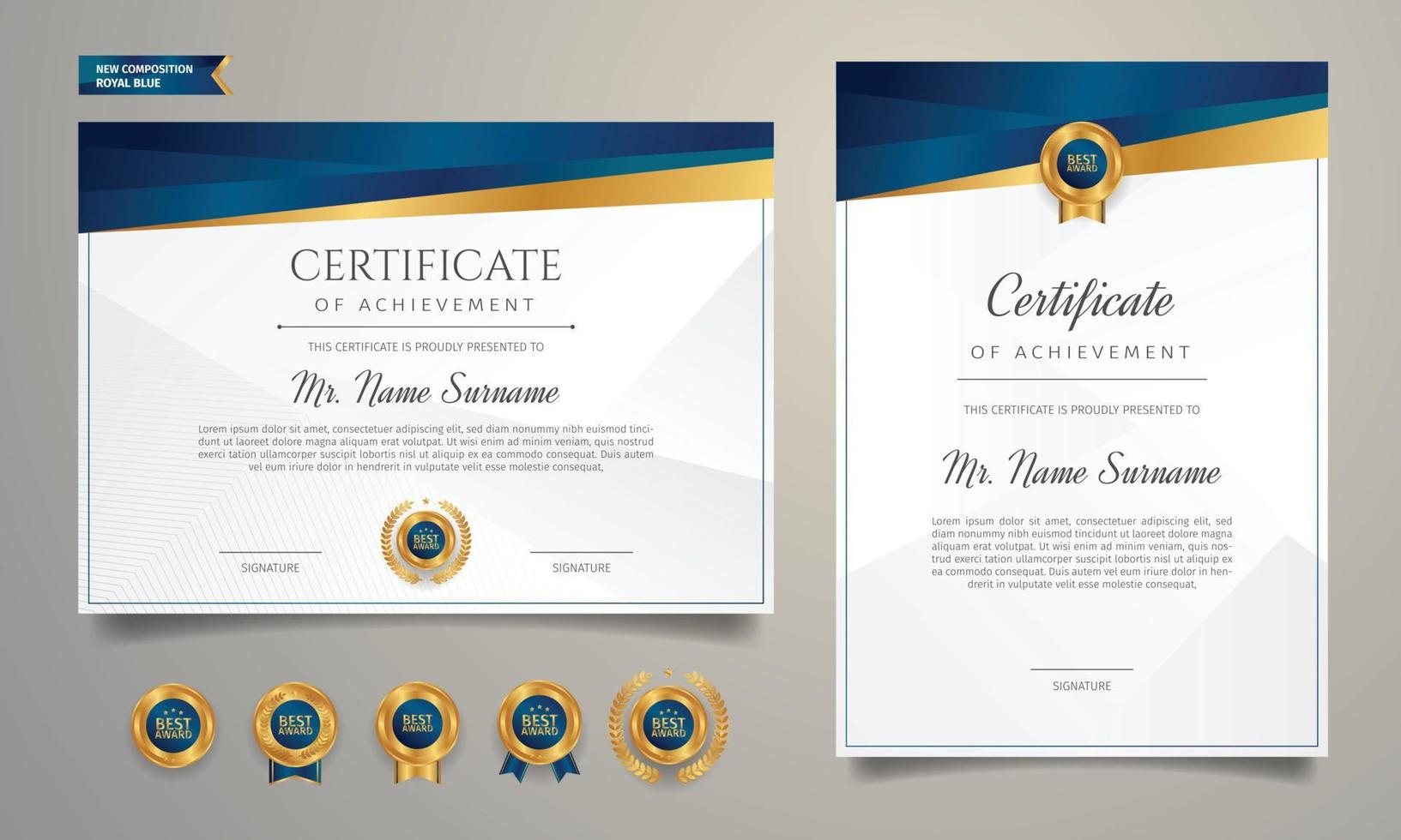 Gold and blue certificate of achievement border template with badge vector