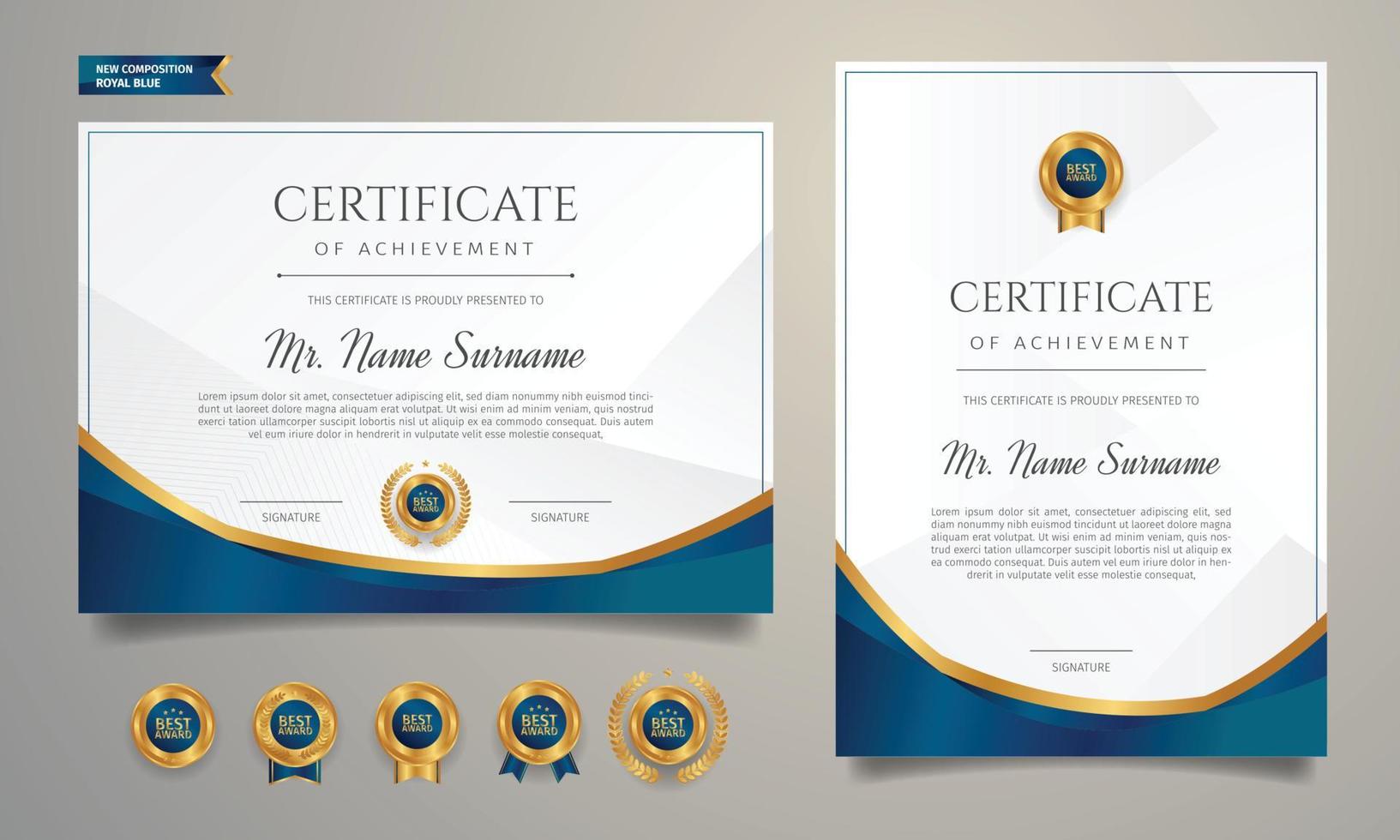 Certificado de diploma azul y dorado con plantilla de insignia. vector