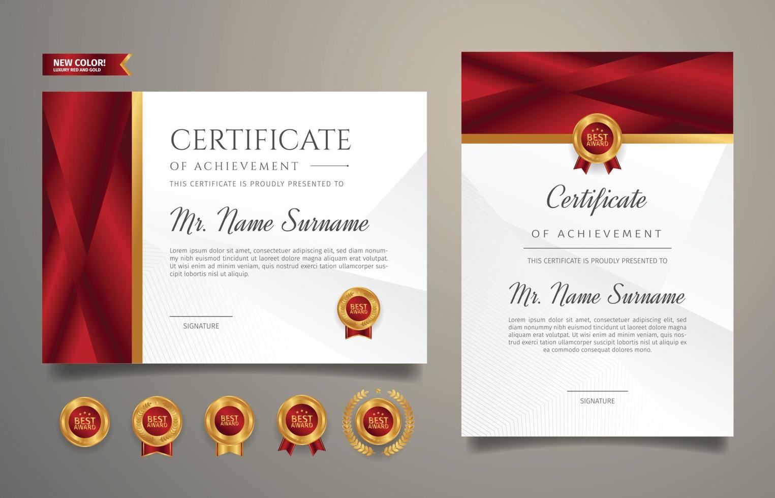 Certificate of award template, gold and red color with badges vector