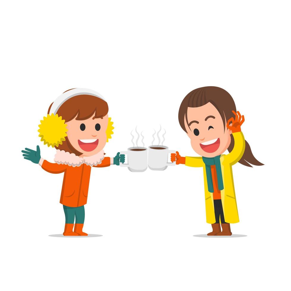 Two little girls enjoying a glass of hot chocolate in winter vector