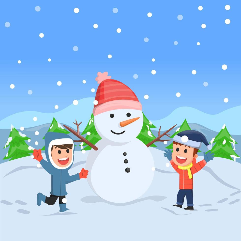 two kids playing under the falling snow and making snowman vector