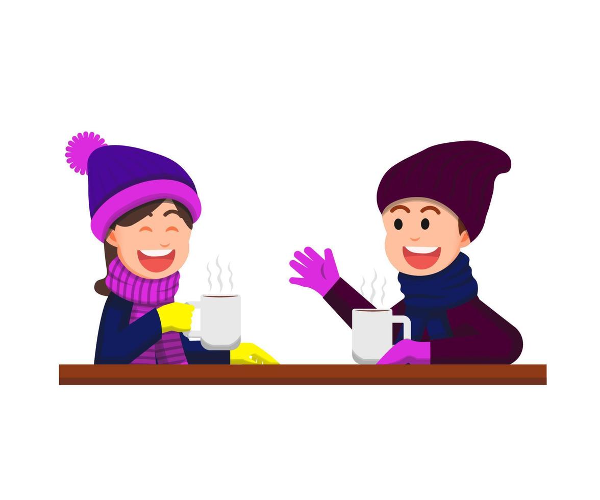 niño y niña charlando juntos en invierno con una bebida caliente vector