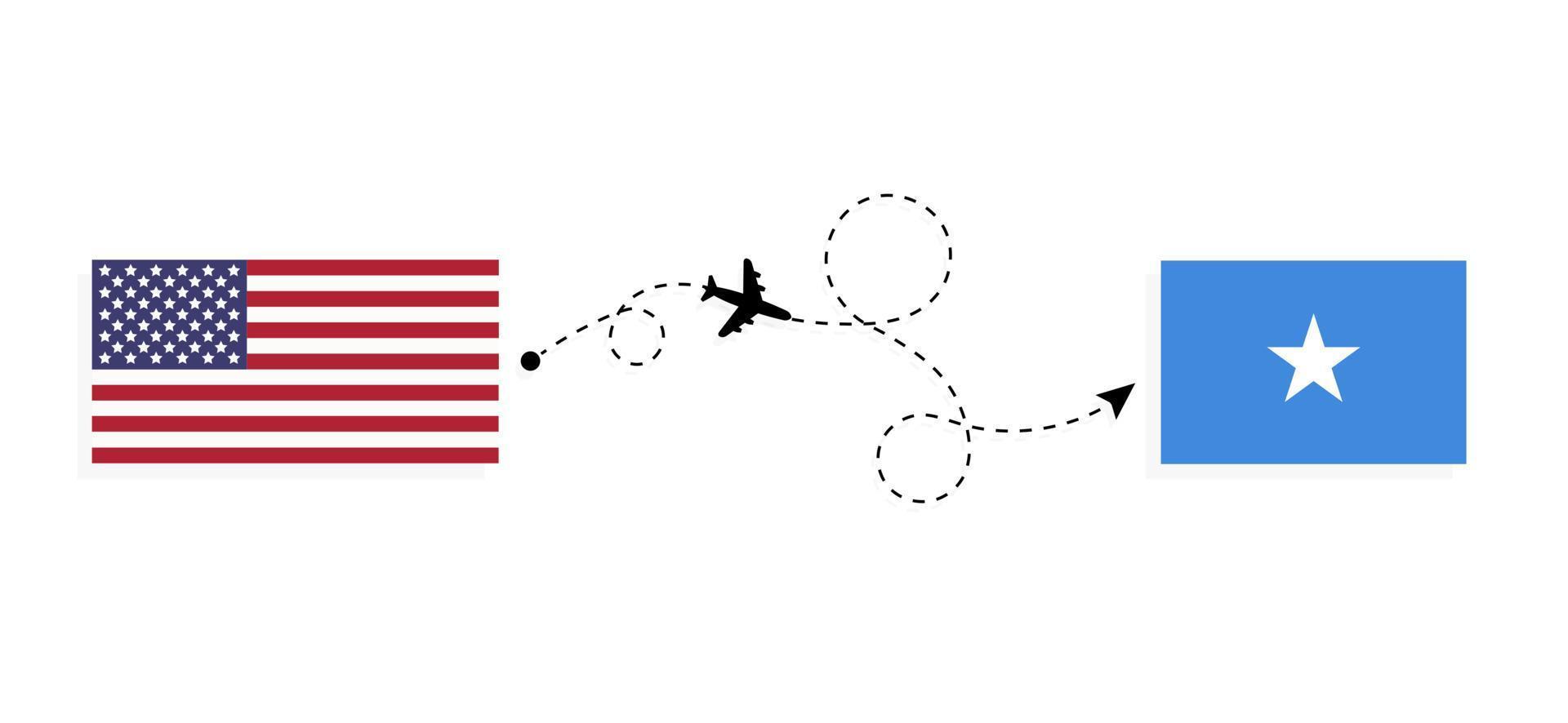 Vuelo y viaje desde EE. UU. a Somalia en avión de pasajeros concepto de viaje vector