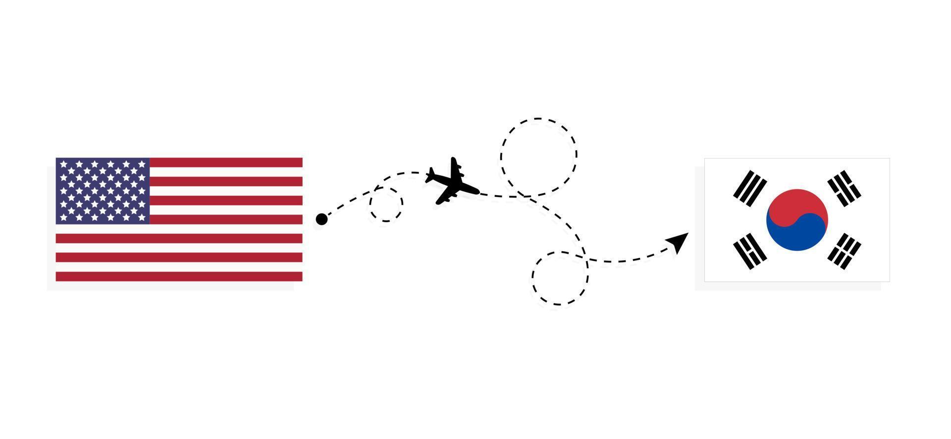 Flight and travel from USA to South Korea by passenger airplane Travel concept vector
