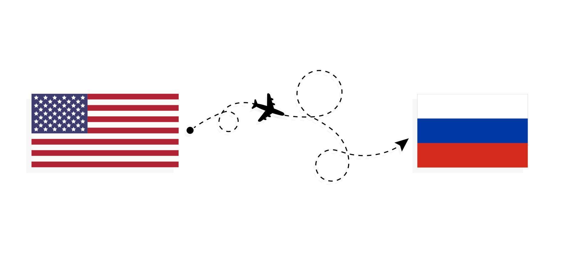 Vuelo y viaje desde EE. UU. a Rusia en avión de pasajeros concepto de viaje vector