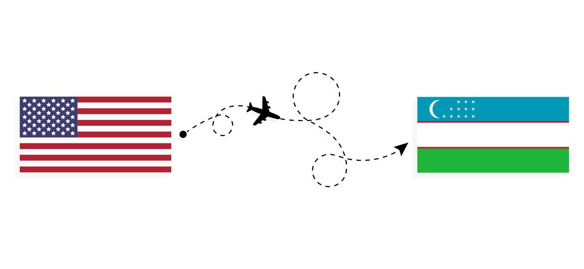 Flight and travel from USA to Uzbekistan by passenger airplane Travel concept vector
