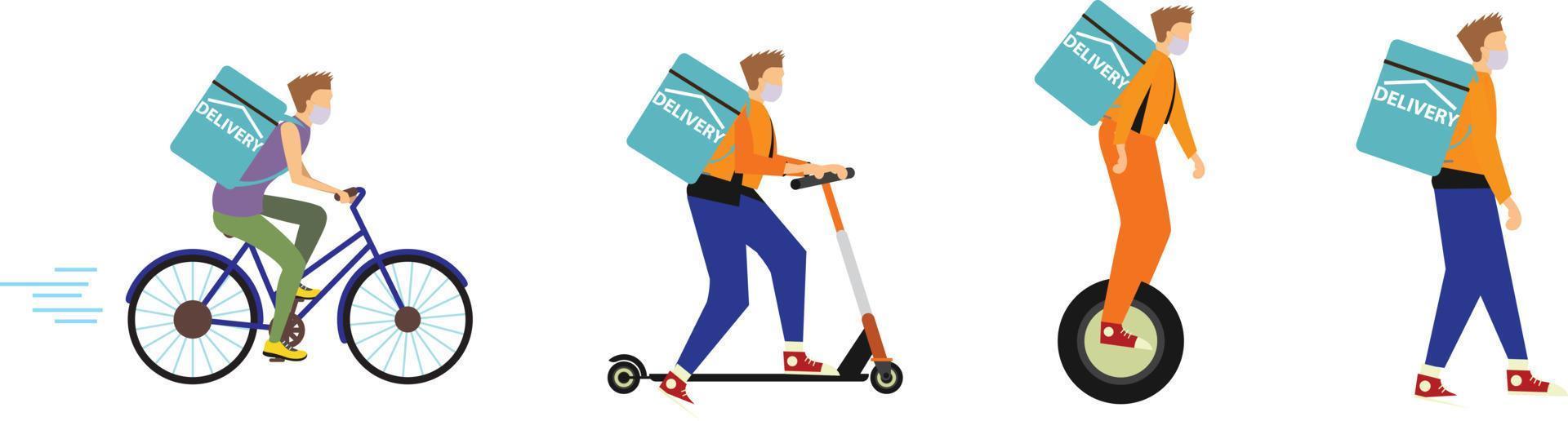 Online delivery service.Electric scooter, gyroboard, scooter and bicycle courier. Delivery service concept. Flat Style vector