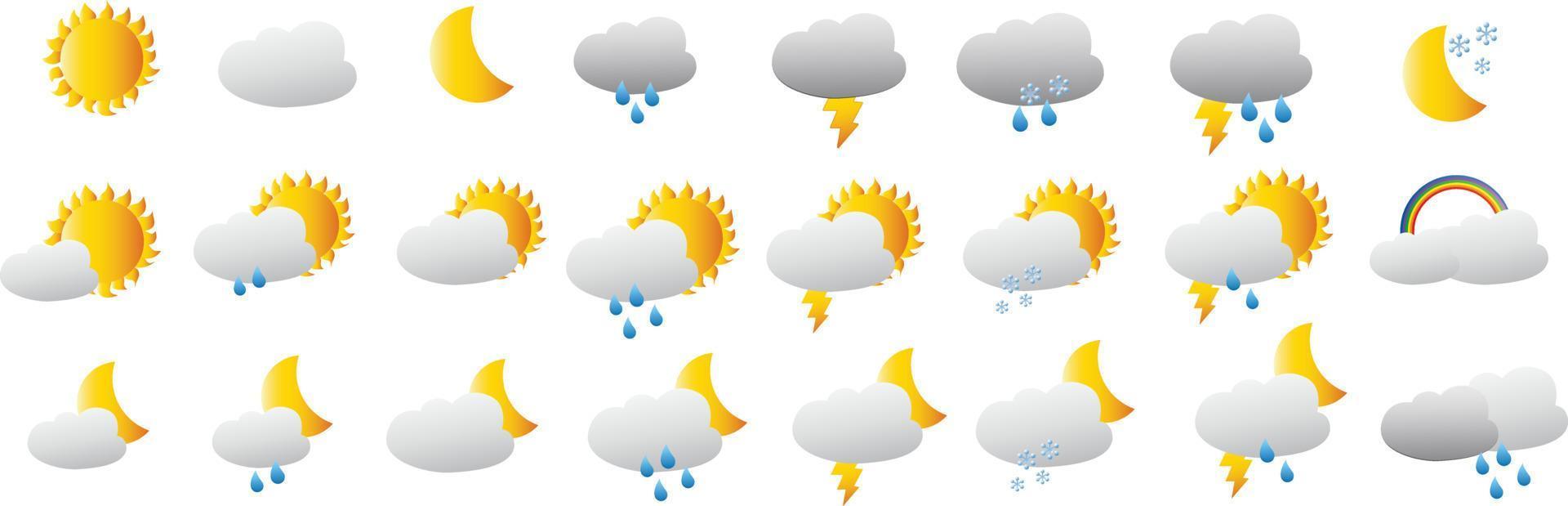 Realistic weather icons collection. Cloud, sun, moon, snow, snowflake, rain, storm, signs set Isolated weathers color symbols.Meteorology vector website illustration