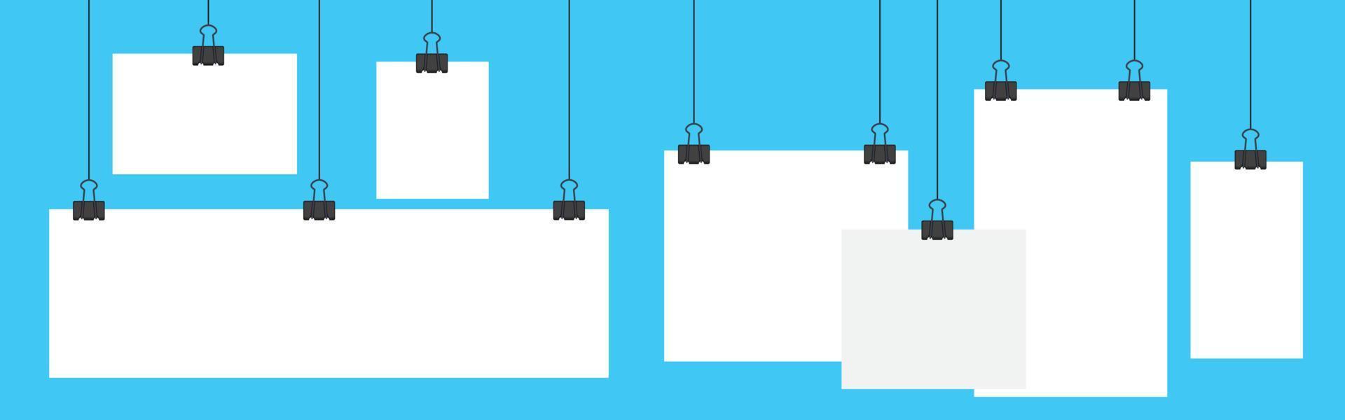 Blank hanging paper sheet with blinder clip, vector set. Empty white photo frame mockup, poster, banner, square. Realistic picture hanging. Concept art gallery canvas portfolio. Isolated illustration