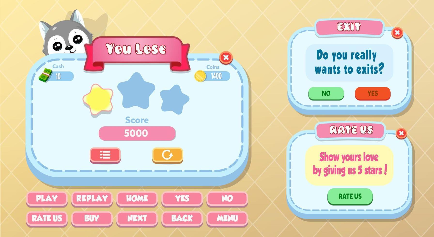 Casual Game UI menu popups with buttons and game assets vector