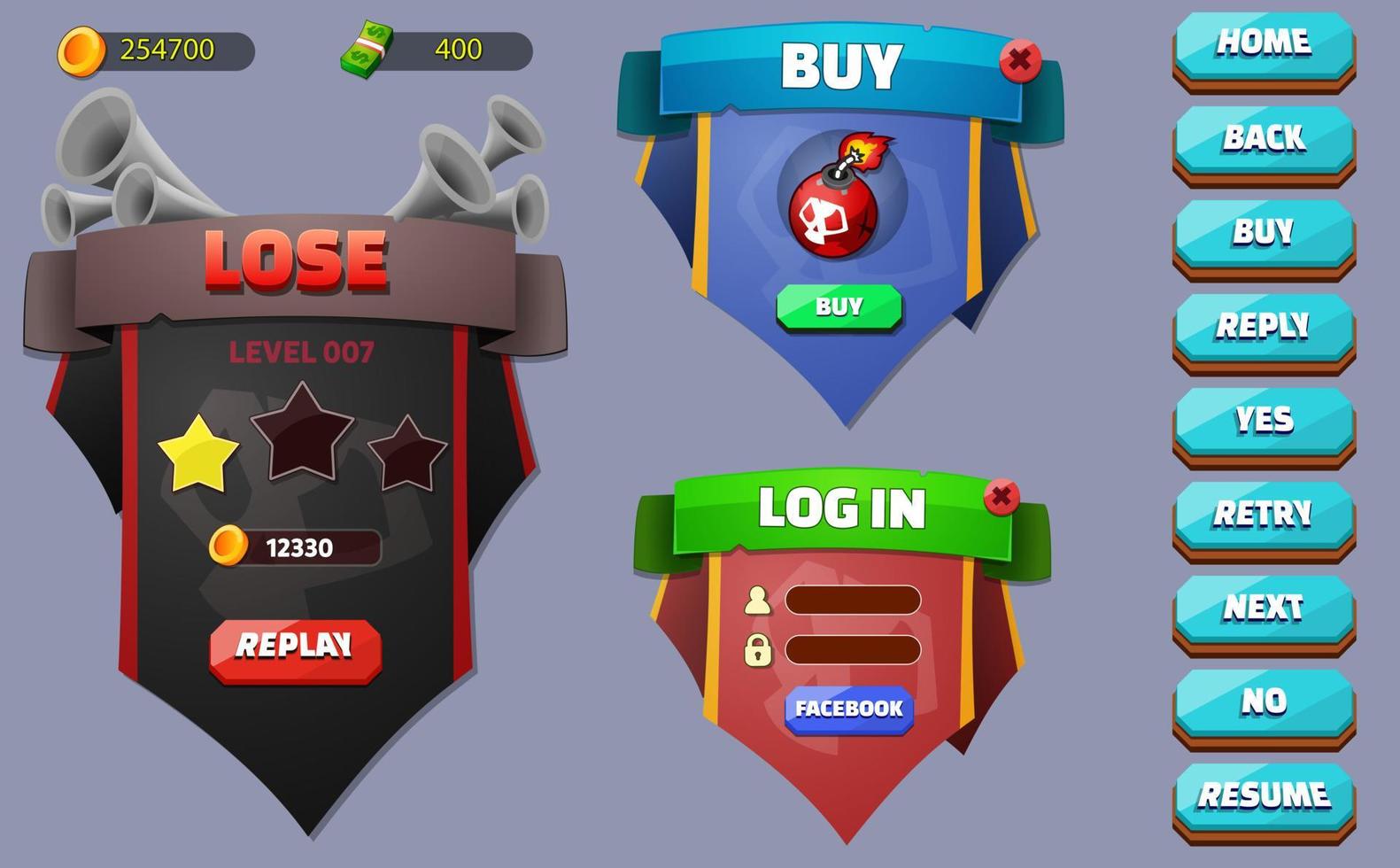 Medieval RPG Simulation Game UI With buttons vector