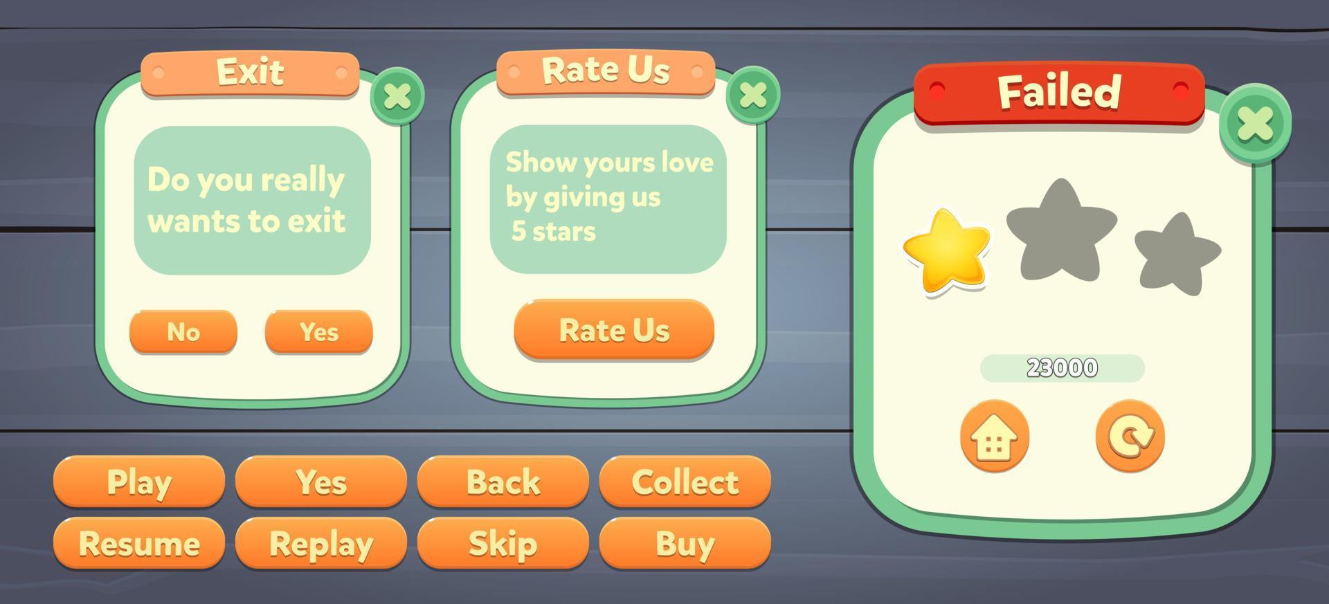 Casual Game UI menu popups with buttons and game assets vector