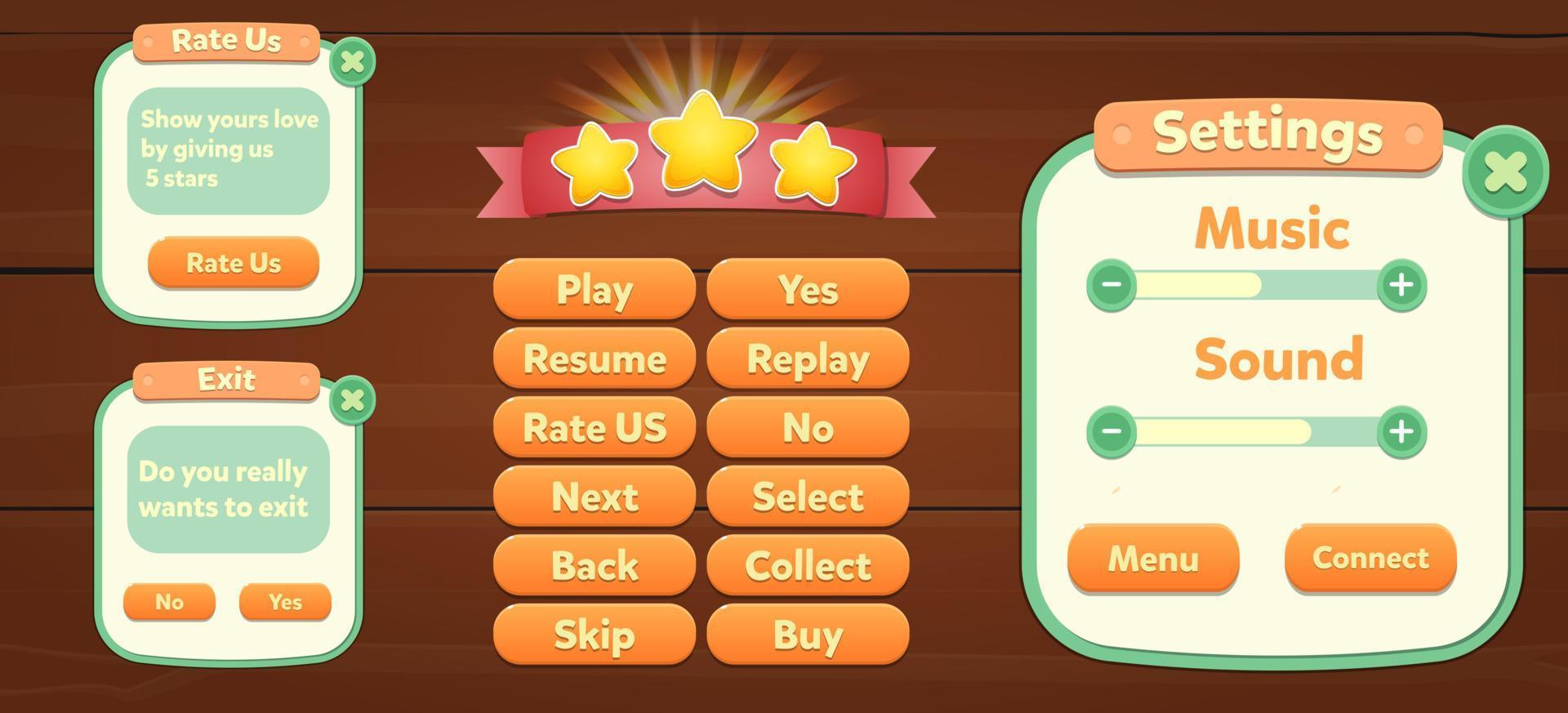 Casual Game UI menu popups with buttons and game assets vector