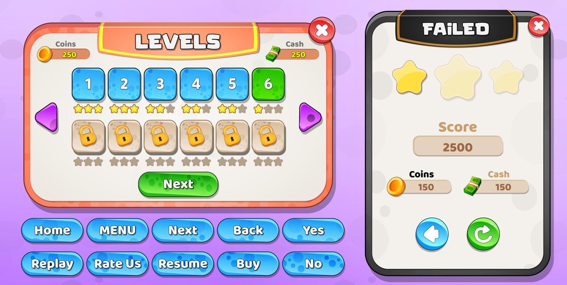 Casual Game UI menu popups with buttons and game assets vector