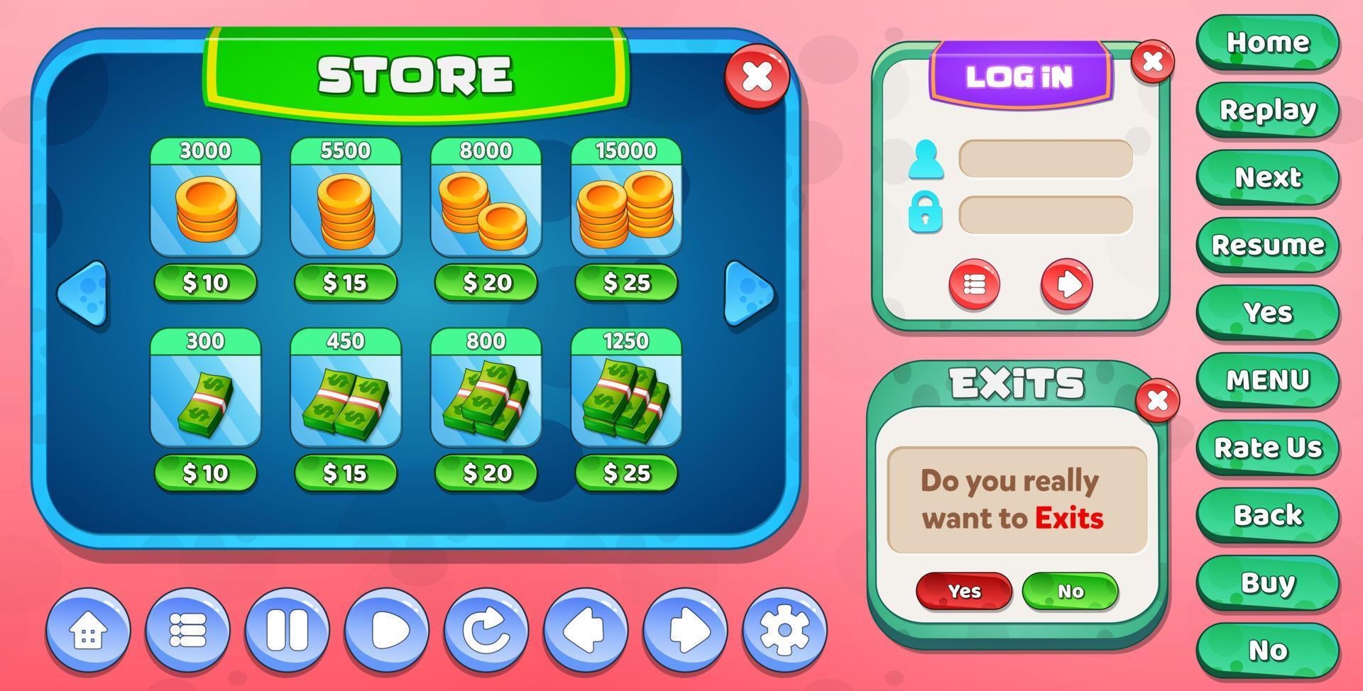 Casual Game UI menu popups with buttons and game assets vector