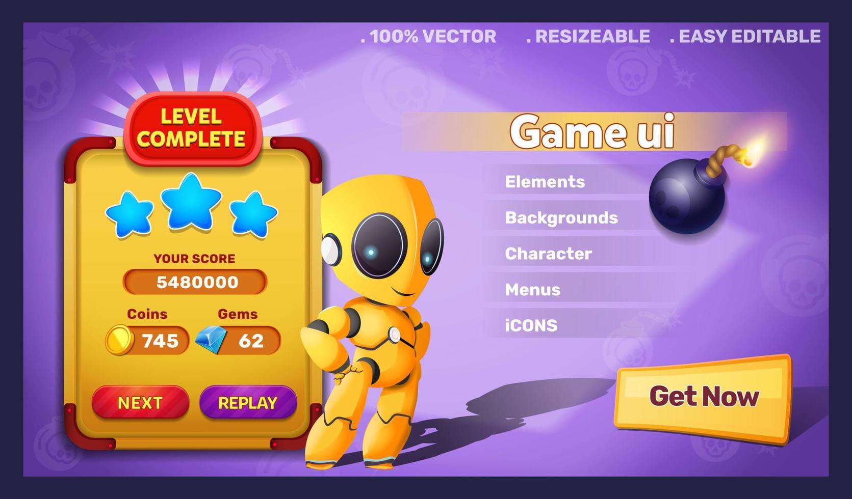 Game UI menu popups with buttons and game assets vector