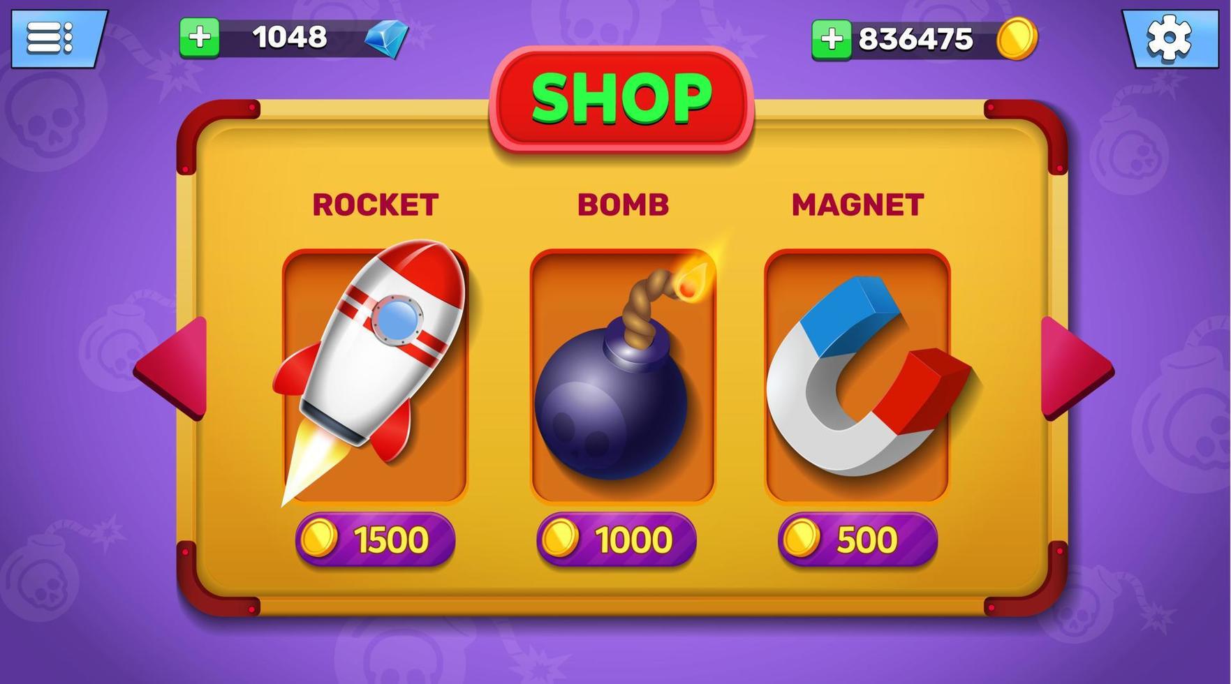 Game UI menu popups with buttons and game assets vector